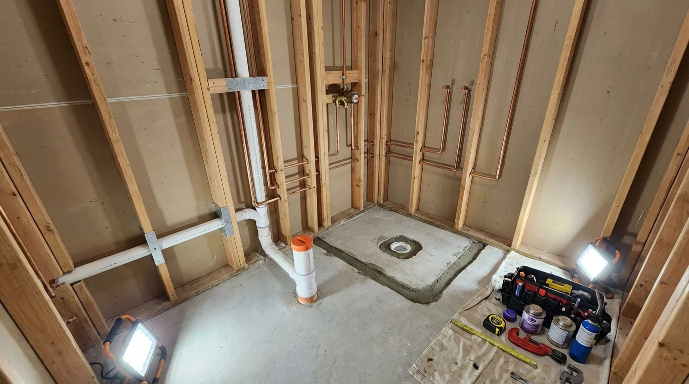 Bathroom rough-in plumbing during remodel by Johns Plumbing LLC in Prince George