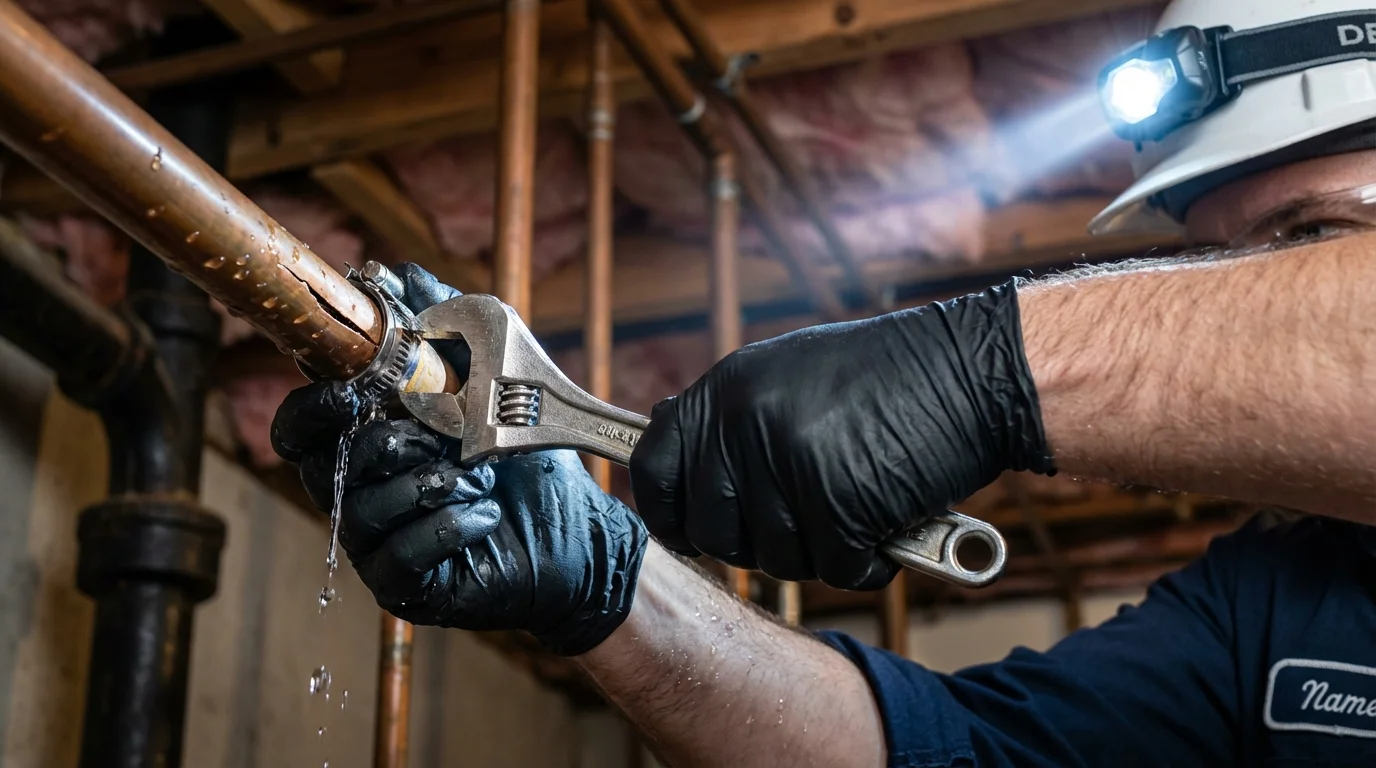 Emergency pipe clamp repair being performed by a Johns Plumbing LLC plumber in Prince George