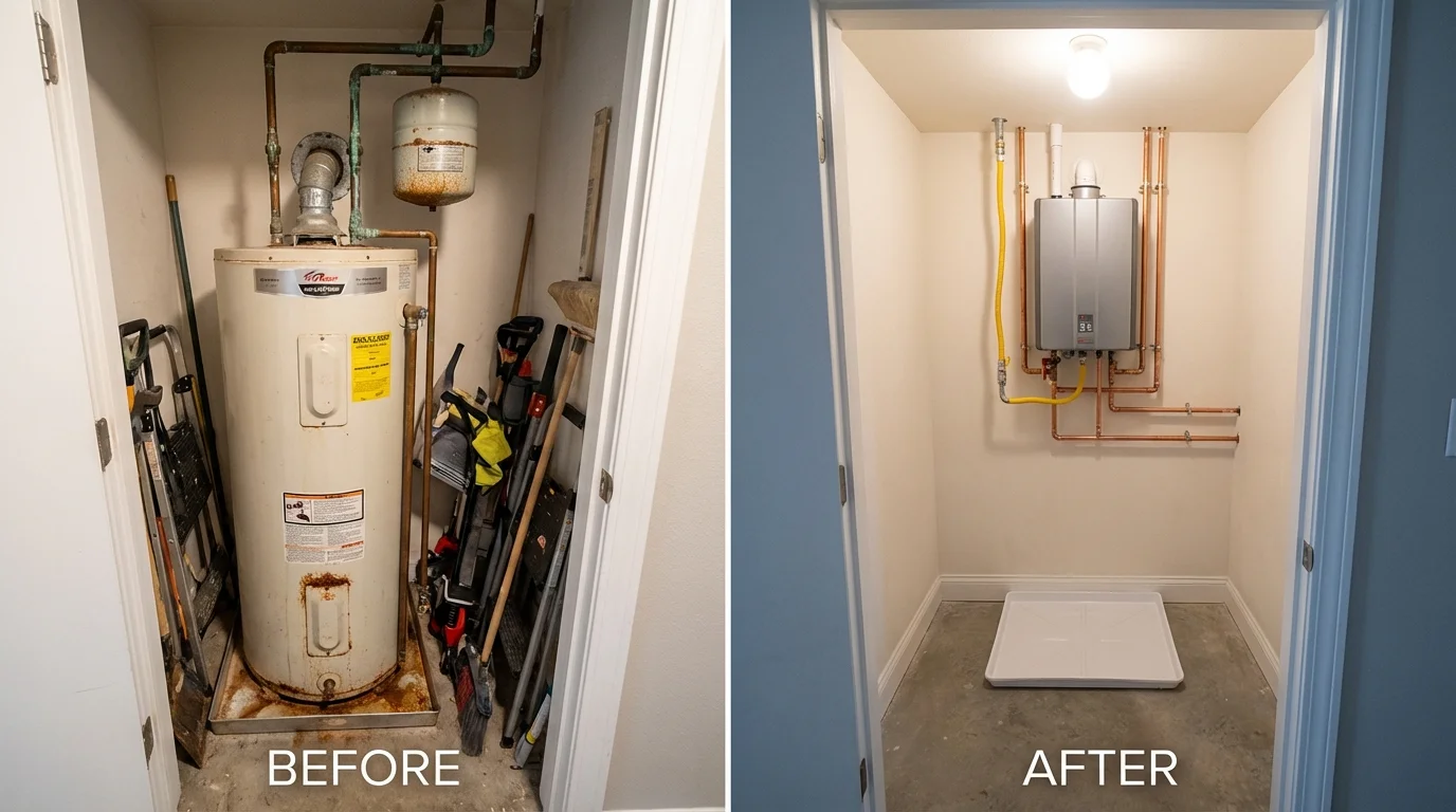 Tank water heater versus wall-mounted tankless unit comparison for Prince George, VA homeowners