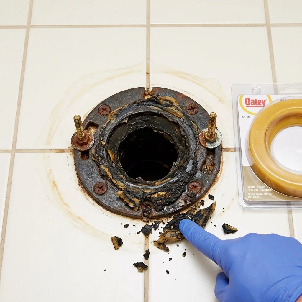 Failed wax ring showing water seepage at the base of a toilet in a Prince George, VA home