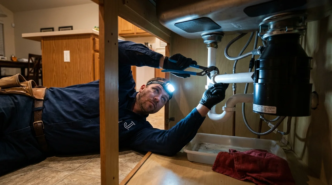 P-trap and supply line connections under a kitchen sink showing a common leak point in Prince George, VA